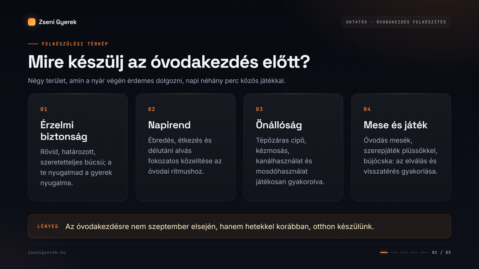 Óvodakezdés felkészítés négy területe: érzelmi biztonság, napirend, önállóság, mese és játék.